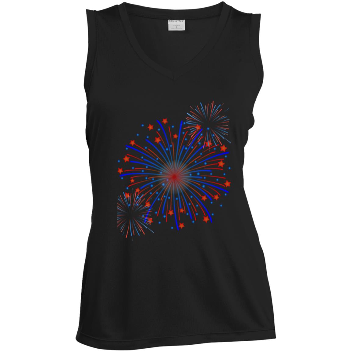 4th of July Fireworks (1) CLOSEOUT - Ladies' Sleeveless V-Neck Performance Tee