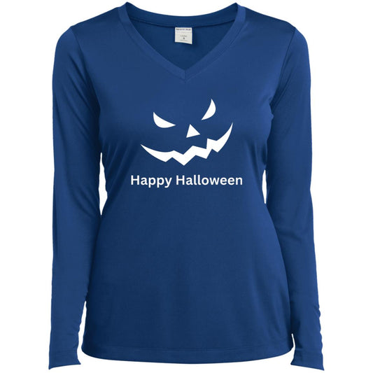 Scary Black Jack o' Lantern CLOSEOUT -- Ladies’ Long Sleeve Performance V-Neck Tee