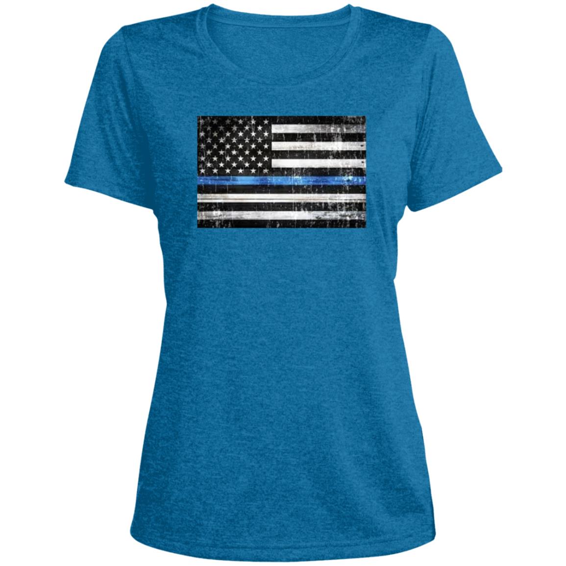 American Flag --Police -- CLOSEOUT -- Ladies' Heather Scoop Neck Performance Tee