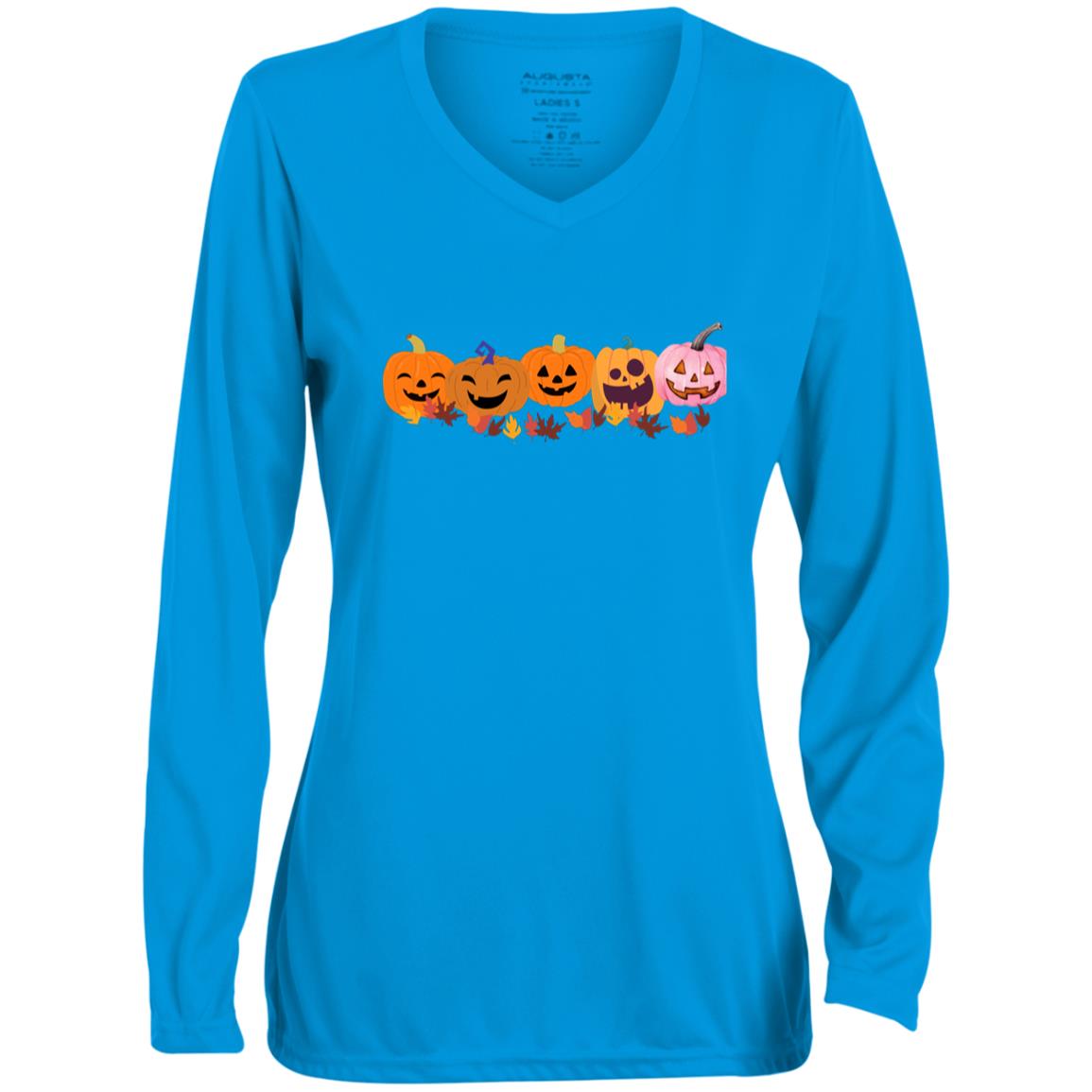 Jack 0 Lanterns in a Row -- CLOSEOUT -- Ladies' Moisture-Wicking Long Sleeve V-Neck Tee