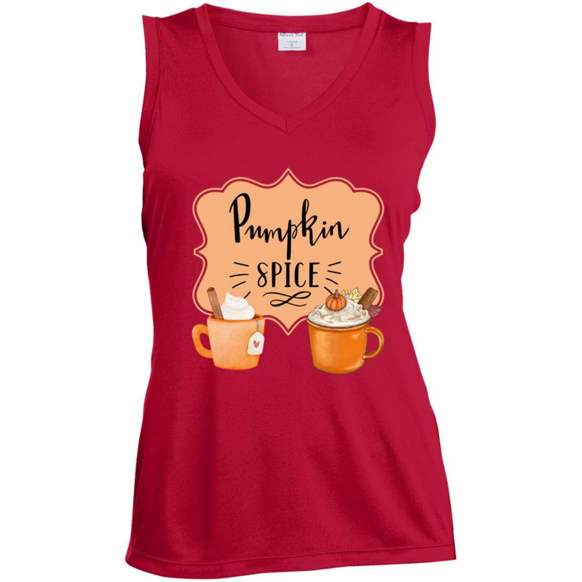 Pumpkin Spice Latte Orangetan Black CLOSEOUT --  Ladies' Sleeveless V-Neck Performance Tee