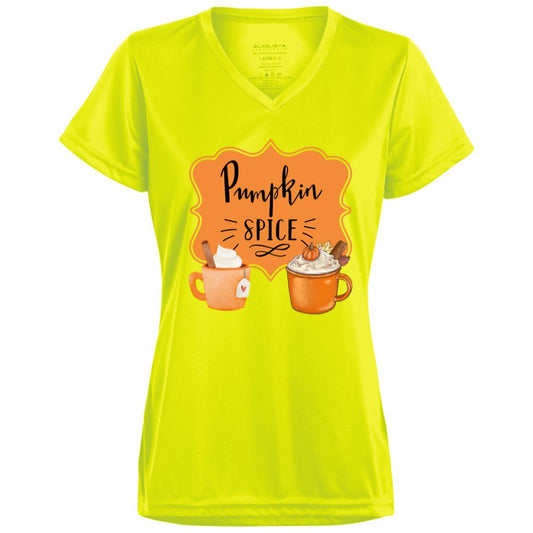 Pumpkin Spice Latte Orange Black -- CLOSEOUT -- Ladies’ Moisture-Wicking V-Neck Tee