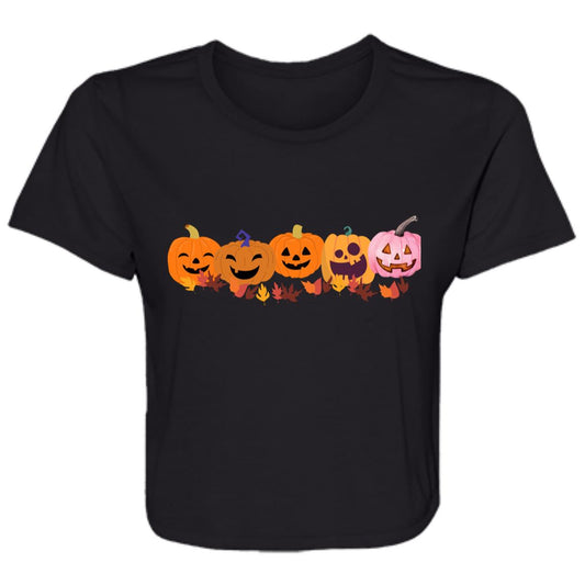 Jack 0 Lanterns in a Row -- Ladies' Flowy Cropped Tee