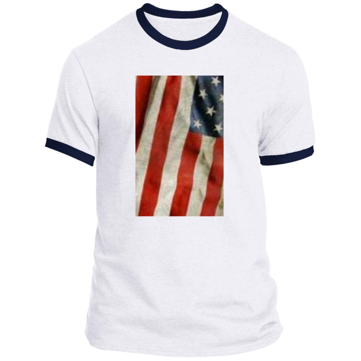 American Flag -- Distressed & Waving -- CLOSEOUT -- Ringer Tee