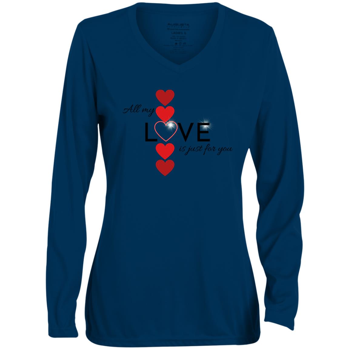Elegant red hearts no background black t-shirt 1788 Ladies' Moisture-Wicking Long Sleeve V-Neck Tee