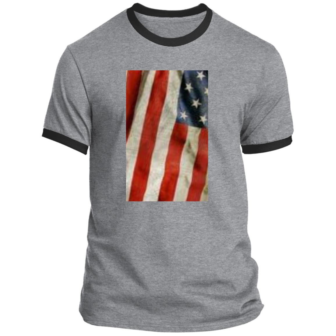 American Flag -- Distressed & Waving -- CLOSEOUT -- Ringer Tee