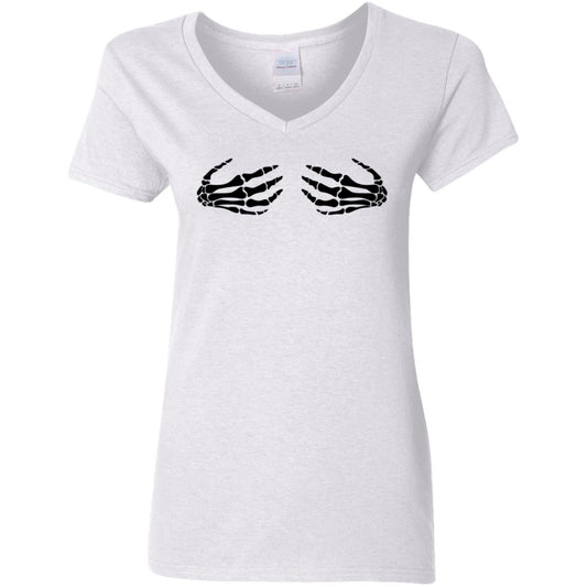 Skeleton Hands Cupping Breasts -- Ladies' 5.3 oz. V-Neck T-Shirt