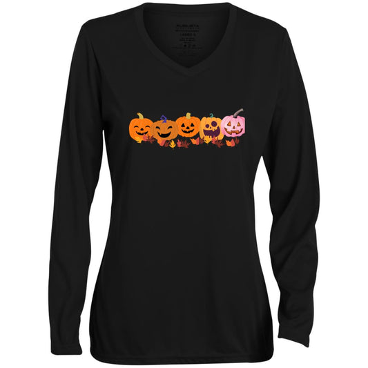 Jack 0 Lanterns in a Row -- CLOSEOUT -- Ladies' Moisture-Wicking Long Sleeve V-Neck Tee