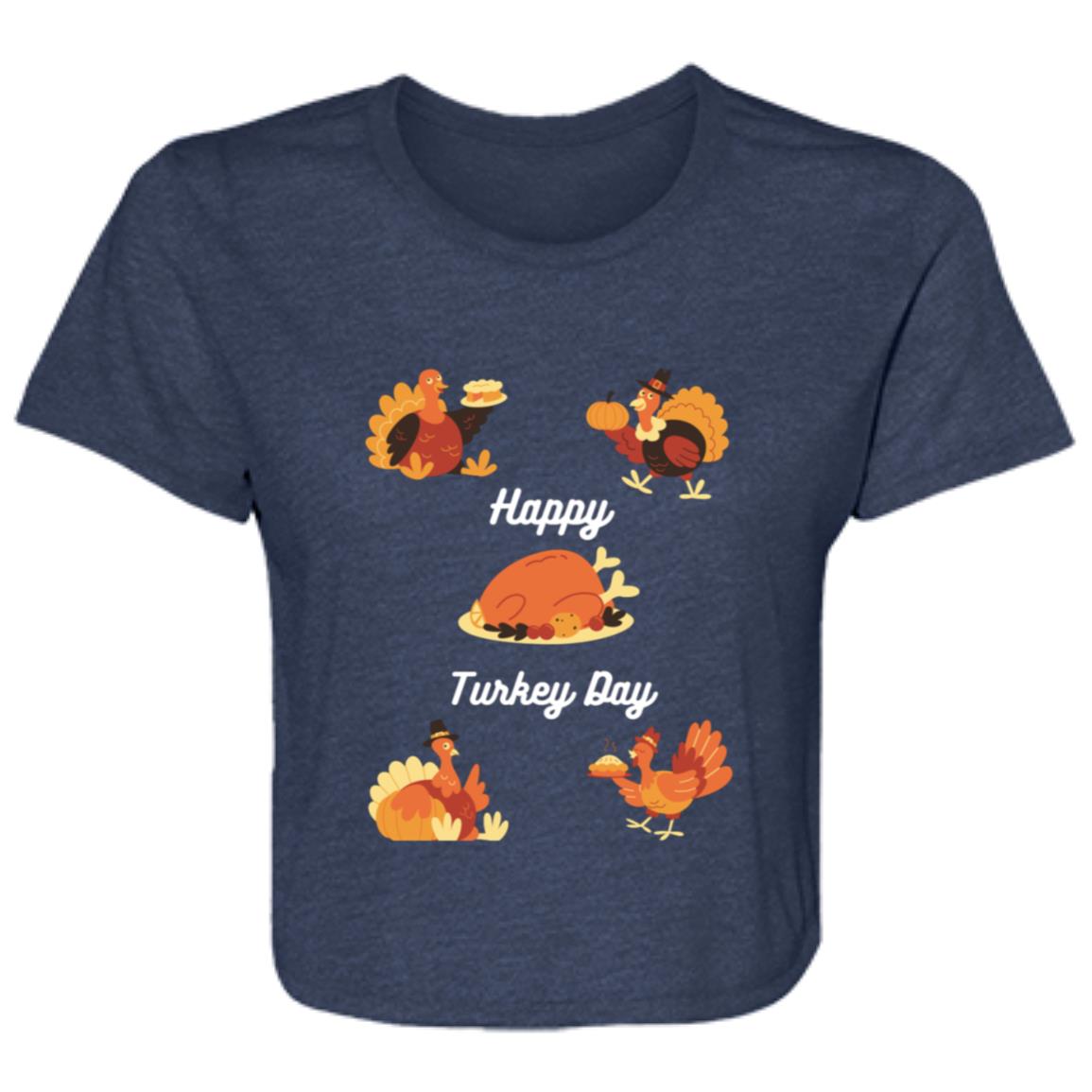 Happy Turkey Day white letters B8882 Ladies' Flowy Cropped Tee