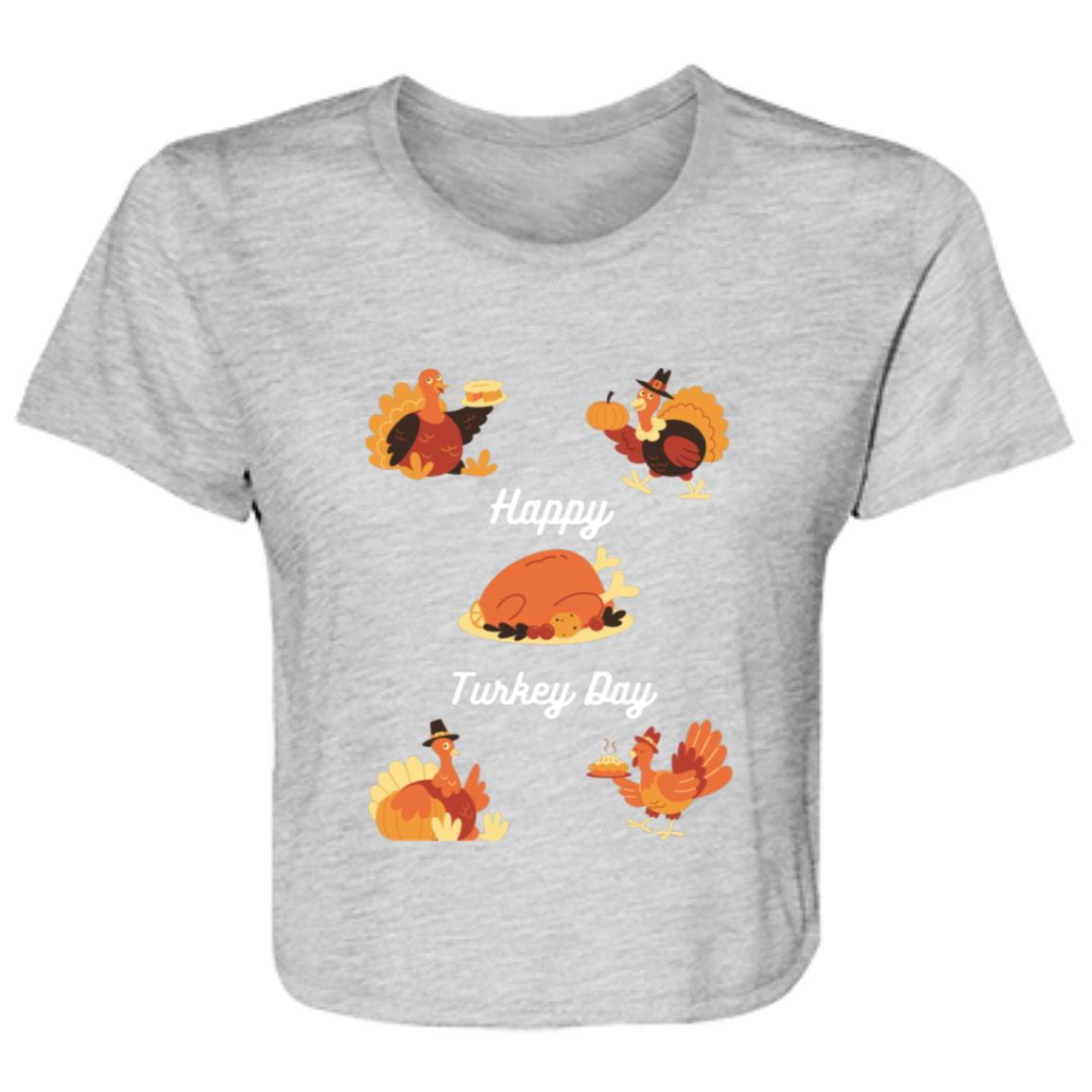 Happy Turkey Day white letters B8882 Ladies' Flowy Cropped Tee