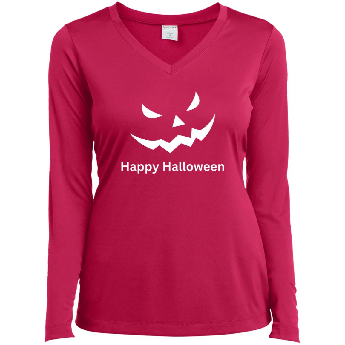 Scary Black Jack o' Lantern CLOSEOUT -- Ladies’ Long Sleeve Performance V-Neck Tee